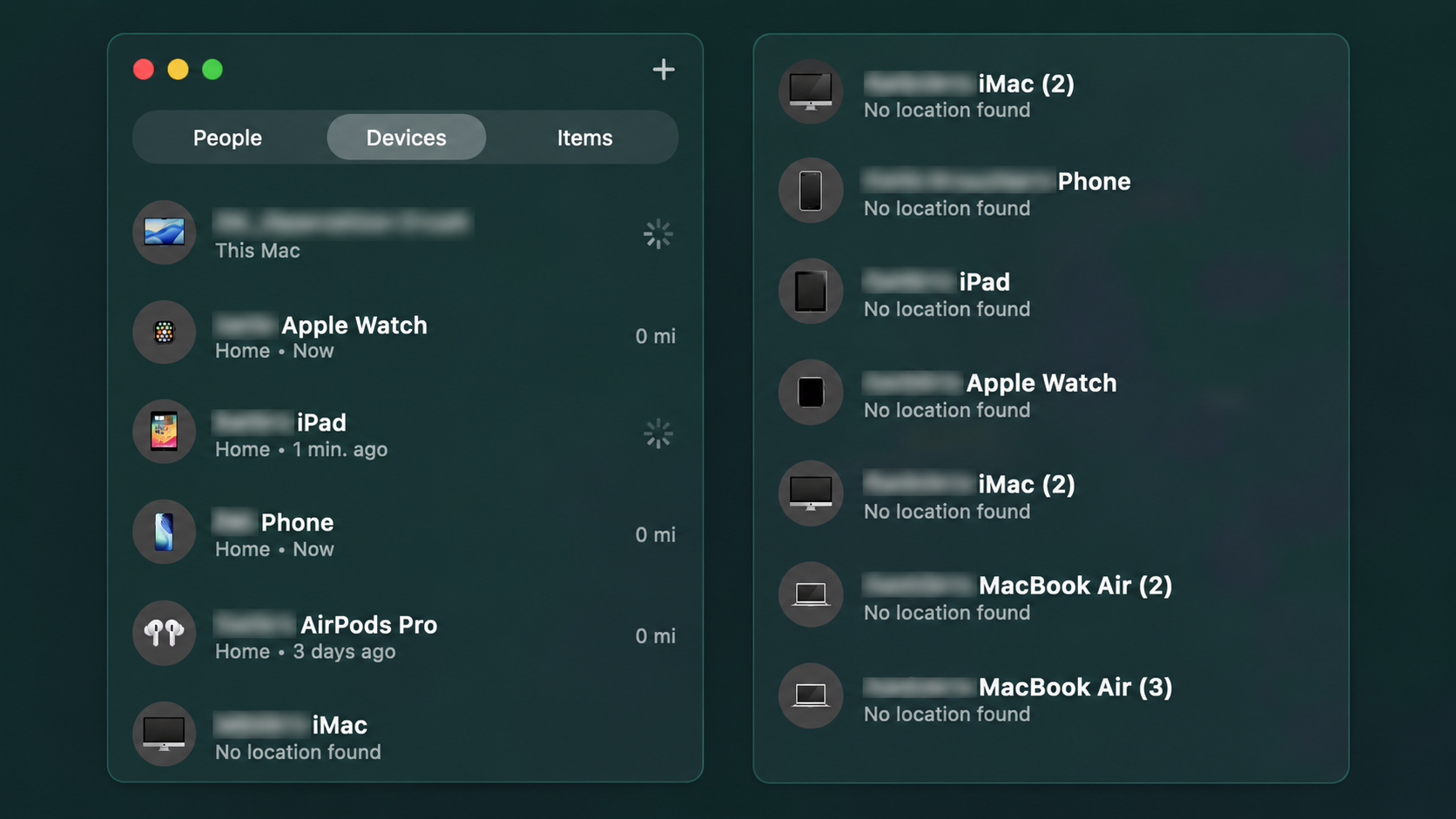 A Find My screen showing a long list of Apple devices owned by one family — iPhones, iPads, Macs, Apple Watches, AirPods, and iMacs.